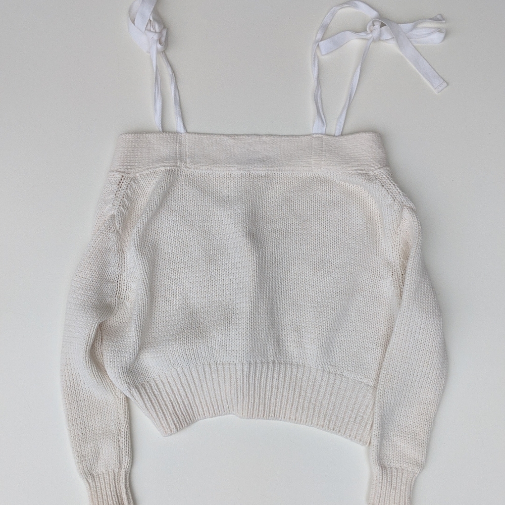 Adeam Cream Cropped Off-shoulder Cardigan With Shoulder Ribbons - Picture 5 of 5